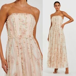 Mac Duggal NEW Pink and White Floral Micro Ruffle Mesh Strapless Dress - Size 0